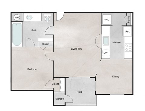 Floor plan for 1 bed, 1 bath, 608 sqft